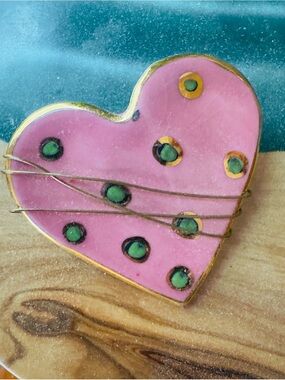 Whimsical Wire Wrapped Pink Heart Enamel Pin with gold trim and Green Dots